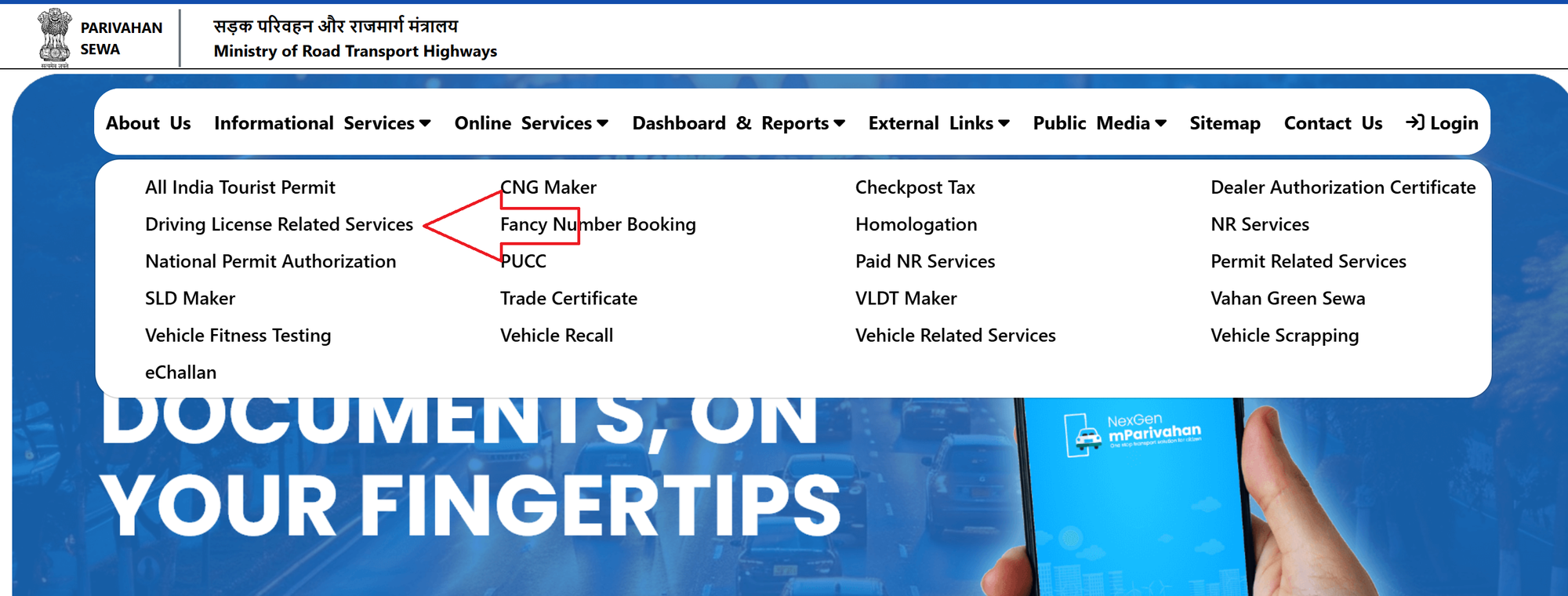 Parivahan Portal Homepage